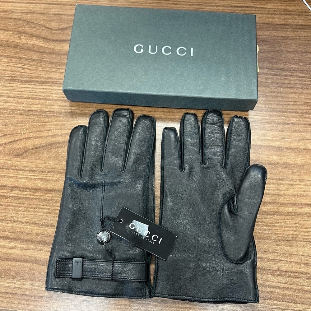 New Gucci Italy black Leather Cashmere Gloves size 10/XL